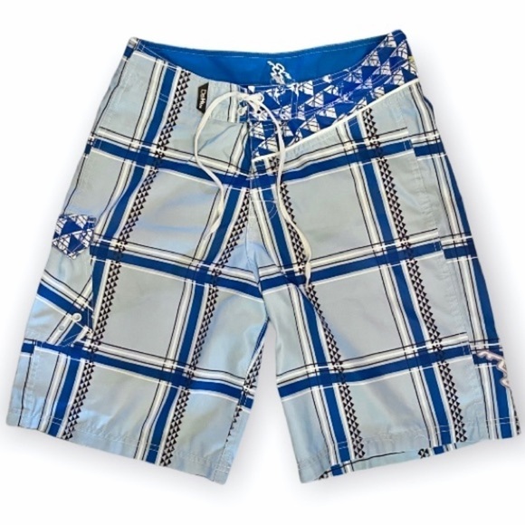 DaHui Boardshorts 30 Logo Embroidered Blue Plaid Print Men’s Surf Swim Trunks - Picture 1 of 9